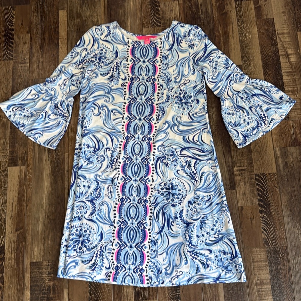 Lilly Pulitzer Blue White Pink Paisley Print Bell Sleeve Dress